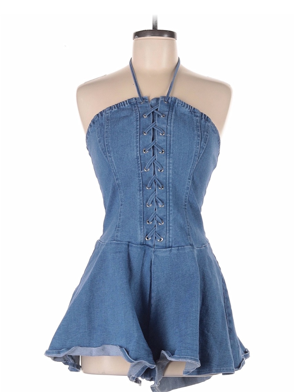 Denim Halter Lace-Up Romper - Blue